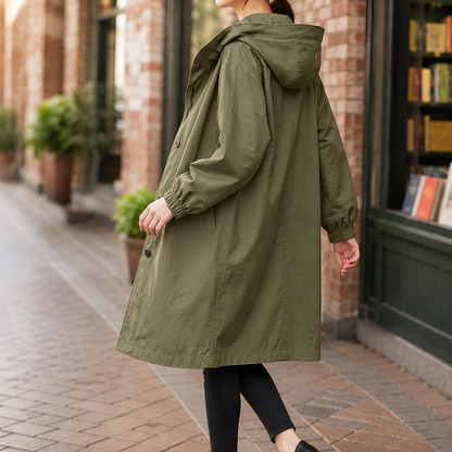 Women’s Relaxed Knee-Length Hooded Button Overcoat