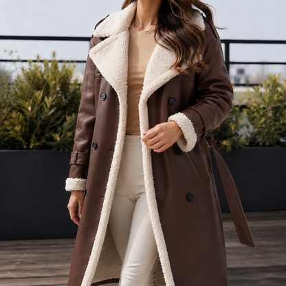 Women’s Longline Belted Coat with Plush Contrast Trim