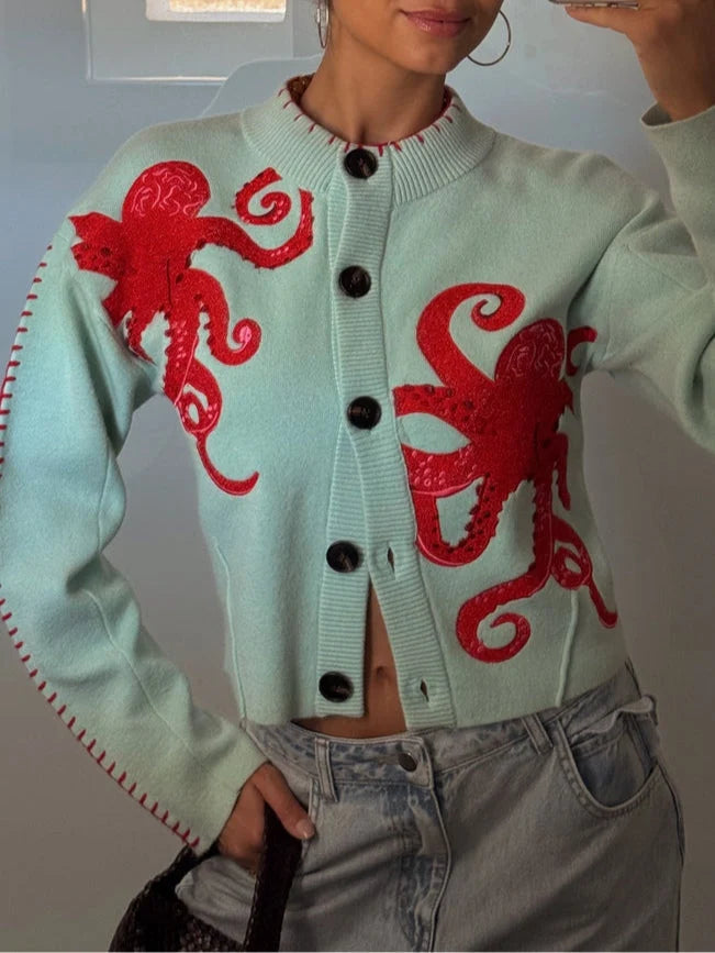 Women’s Octopus Motif Button-Front Knit Cardigan