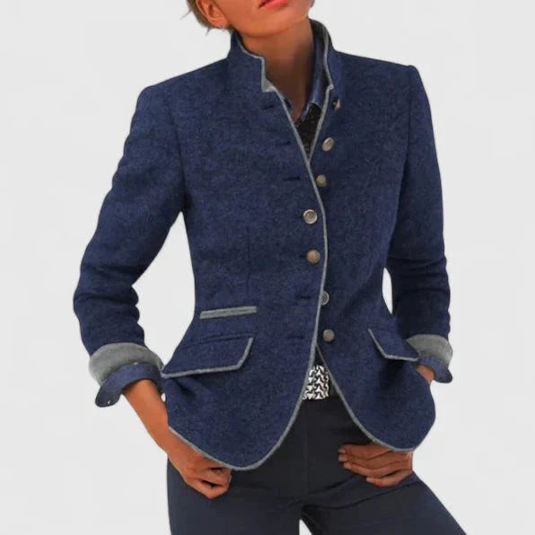 Women’s Tailored Stand-Collar Blazer Jacket with Contrast Piping and Turn-Back Cuffs