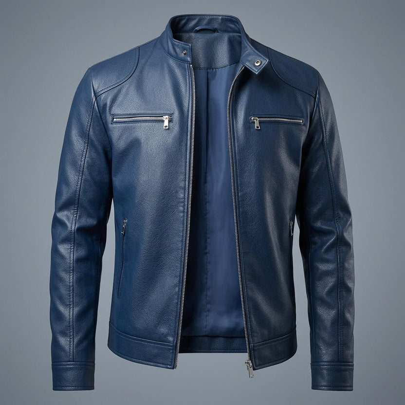 Men’s Stand-Collar Leather Moto Jacket with Zip Pockets