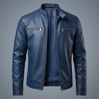 Men’s Stand-Collar Leather Moto Jacket with Zip Pockets