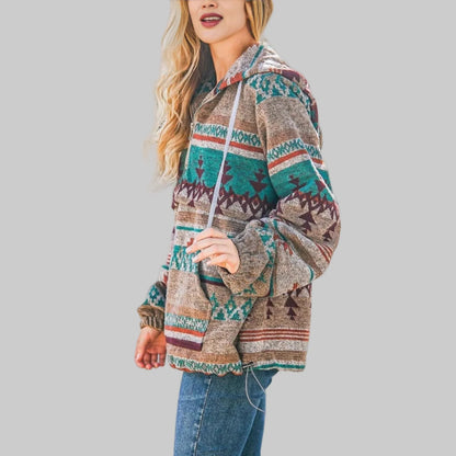 Women’s Geometric Pattern Half-Zip Hooded Pullover with Front Pocket