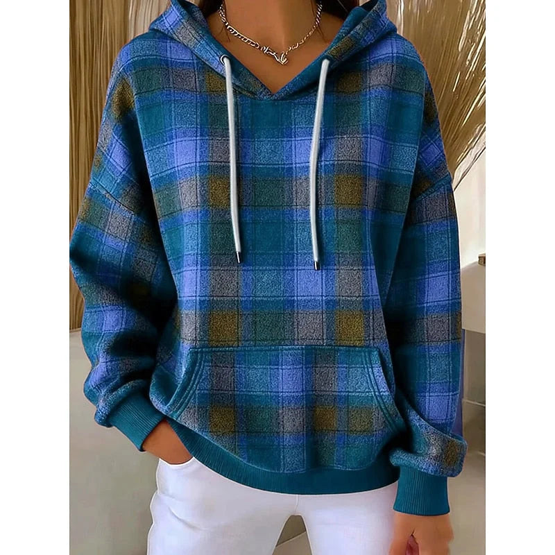 Women’s Oversized Plaid Hooded Pullover with Drawstring and Pocket