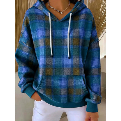 Women’s Oversized Plaid Hooded Pullover with Drawstring and Pocket