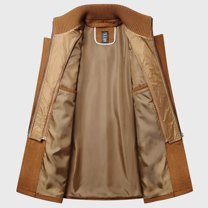 Men’s Longline Layered Stand-Collar Wool Blend Overcoat
