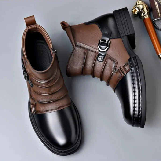 Men’s Leather Ankle Boots with Layered Fold and Buckle Detail