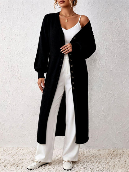 Women's Floor-Length Knit Cardigan Dress with Balloon Sleeves