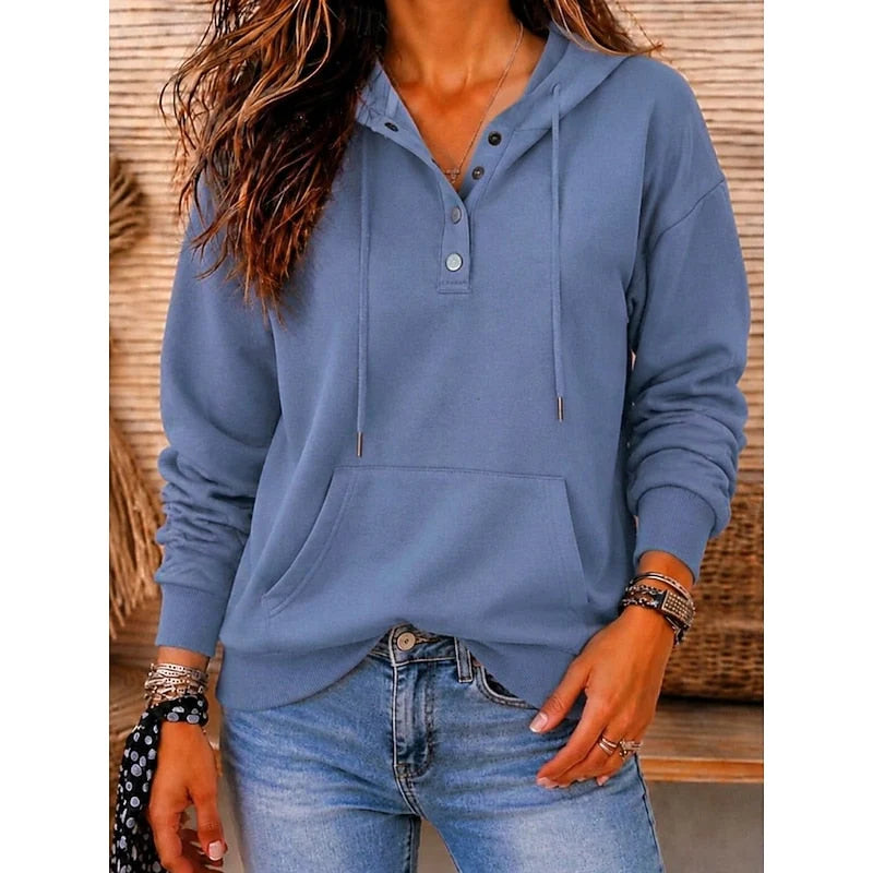 Women’s Relaxed Button-Placket Hooded Pullover with Front Pouch Pocket