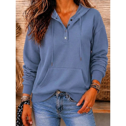 Women’s Relaxed Button-Placket Hooded Pullover with Front Pouch Pocket
