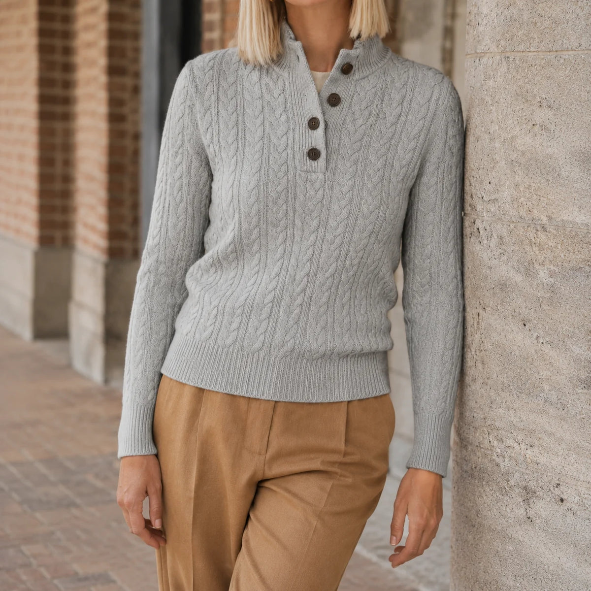 Women’s Cable Knit Button-Neck Cashmere Blend Sweater