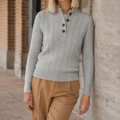 Women’s Cable Knit Button-Neck Cashmere Blend Sweater