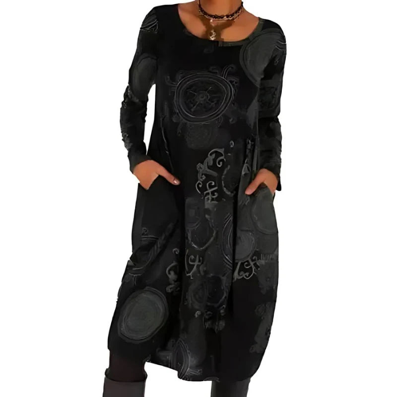 Women's Printed Relaxed-Fit Midi Dress with Long Sleeves and Side Pockets