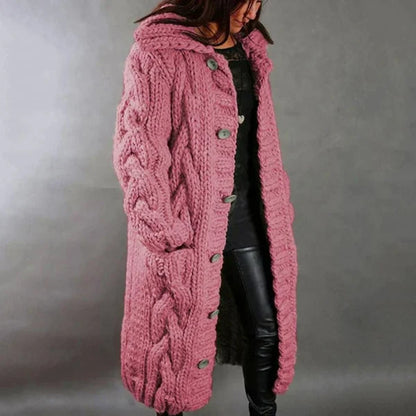 Women’s Hooded Longline Cable Knit Button Cardigan with Pockets