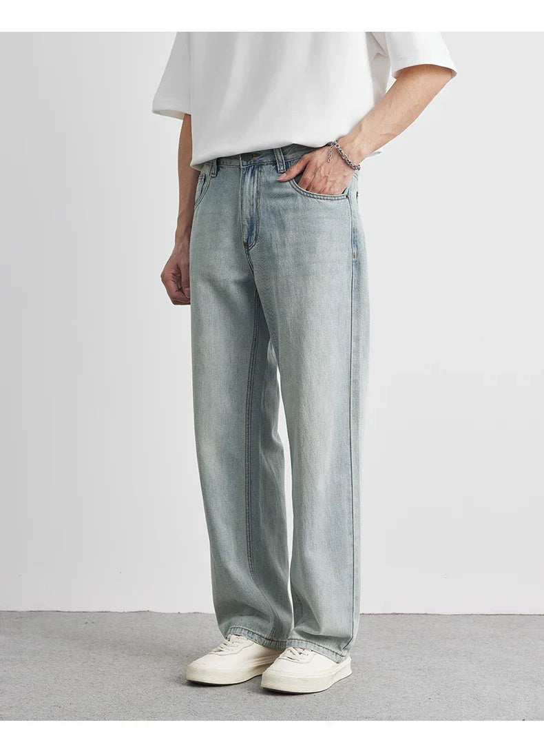 Men’s Wide-Leg Washed Denim Jeans with Five Pockets