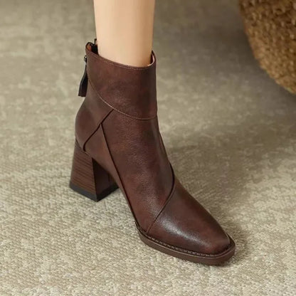 Women’s Leather-Look Ankle Boots with Side Zip and Block Heel