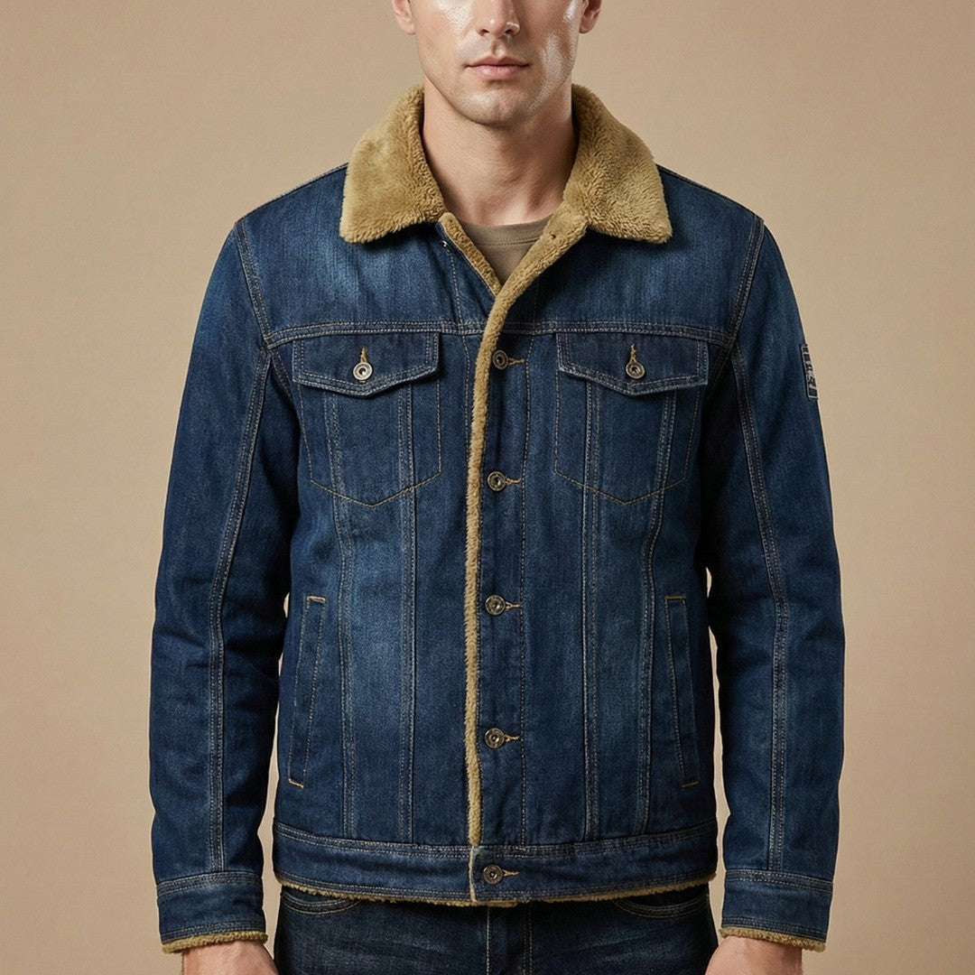 Men’s Sherpa-Collar Fleece-Lined Denim Trucker Jacket