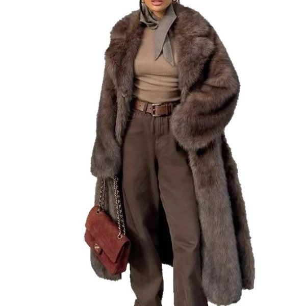 Women’s Longline Plush Faux Fur Coat with Oversized Fit