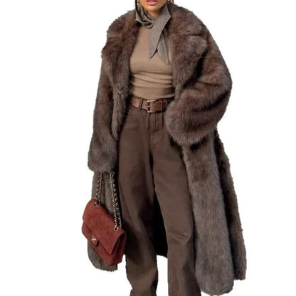 Women’s Longline Plush Faux Fur Coat with Oversized Fit