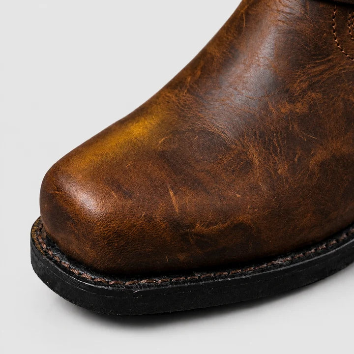 Men’s Genuine Leather Mid-Calf Boots with Buckled Harness Detail