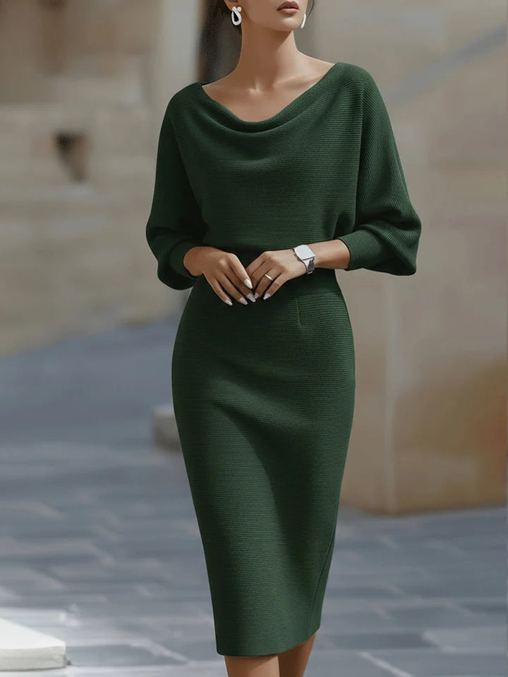 Women's Ribbed Midi Dress with Draped Cowl Neck and Batwing Sleeves
