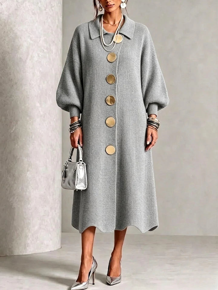Women's Ribbed Knit Midi Dress with Collared Neck and Balloon Sleeves