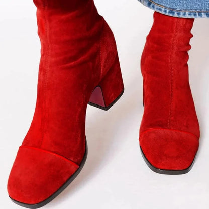 Women’s Suede Ankle Boots with Animal-Print Toe and Block Heel
