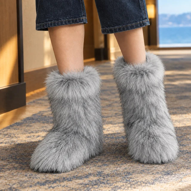 Women’s Mid-Calf Plush Boots with Long-Pile Texture and Flat Sole