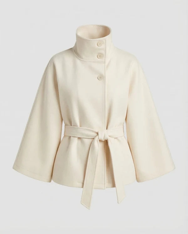 Women’s High-Collar Wool-Blend Cape Jacket with Waist Belt