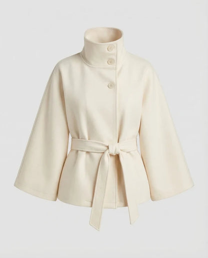 Women’s High-Collar Wool-Blend Cape Jacket with Waist Belt