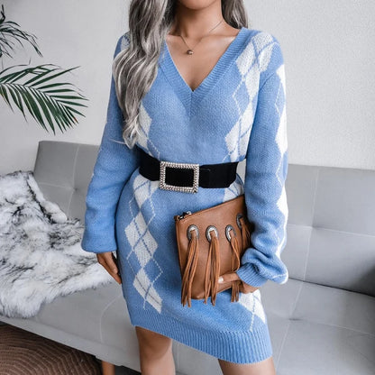 Women's Printed V-Neck Knit Mini Sweater Dress with Long Sleeves