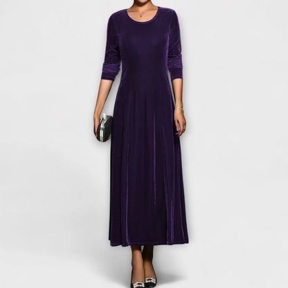 Women's Velvet A-Line Dress with Long Sleeves and Scoop Neck
