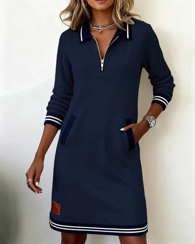 Women's Quarter-Zip Collared Mini Sweater Dress with Front Pockets