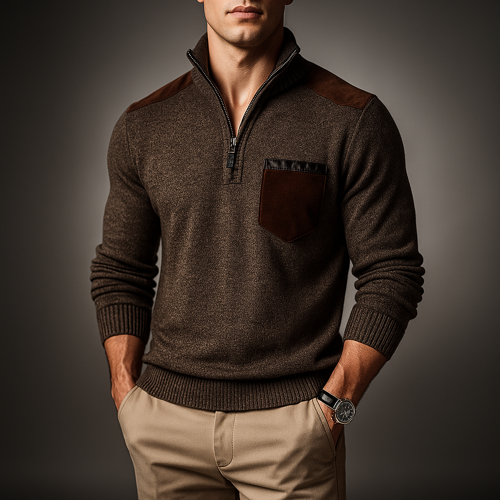 Men’s Contrast Panel Quarter-Zip High Collar Sweater