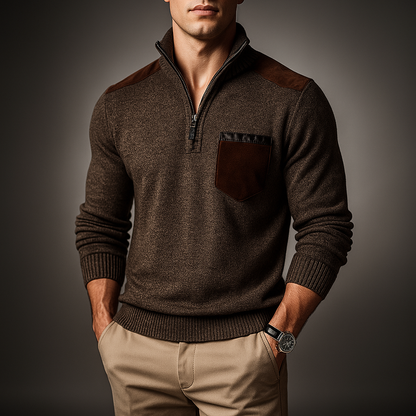 Men’s Contrast Panel Quarter-Zip High Collar Sweater
