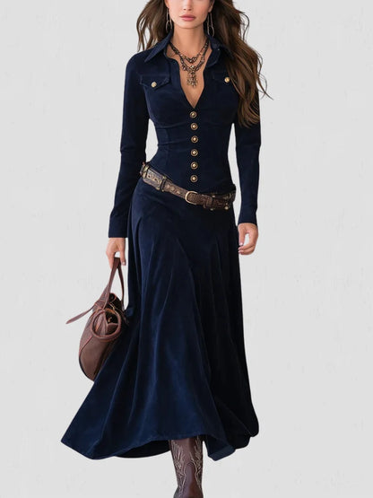 Women's Velvet-Touch Heritage Maxi Dress with Button-Front Design