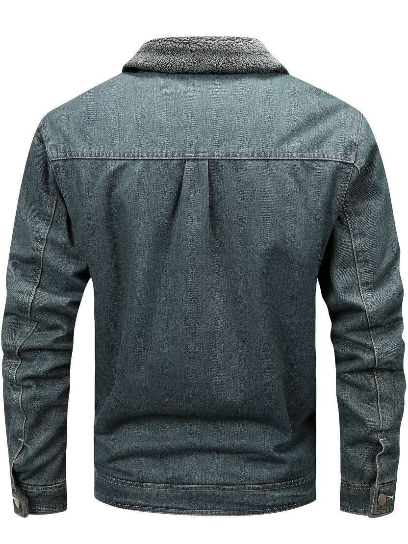 Men’s Fleece-Lined Washed Denim Jacket with Lapel Collar