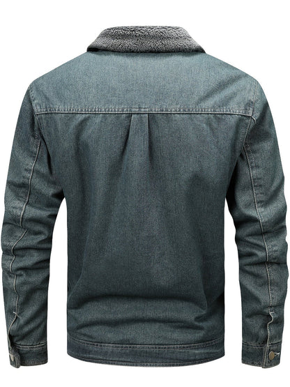 Men’s Fleece-Lined Washed Denim Jacket with Lapel Collar