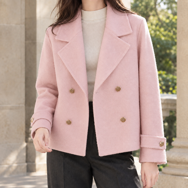 Women’s Cropped Wool Double-Breasted Jacket with Notched Lapels
