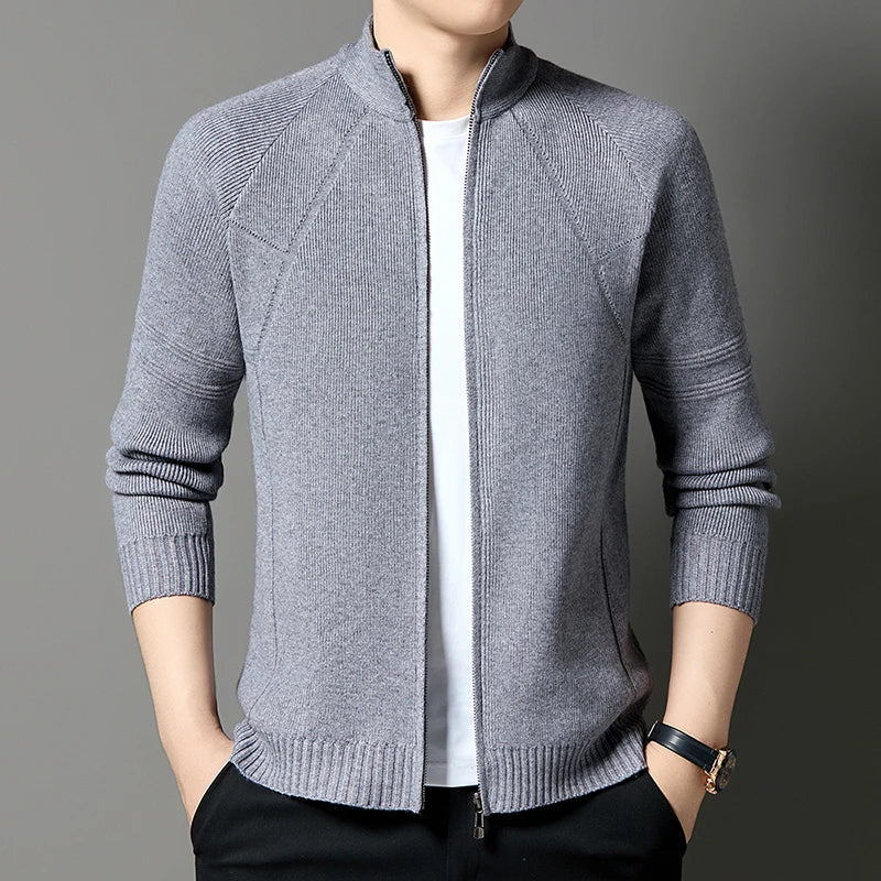 Men’s Wool-Blend Stand Collar Full-Zip Knit Cardigan
