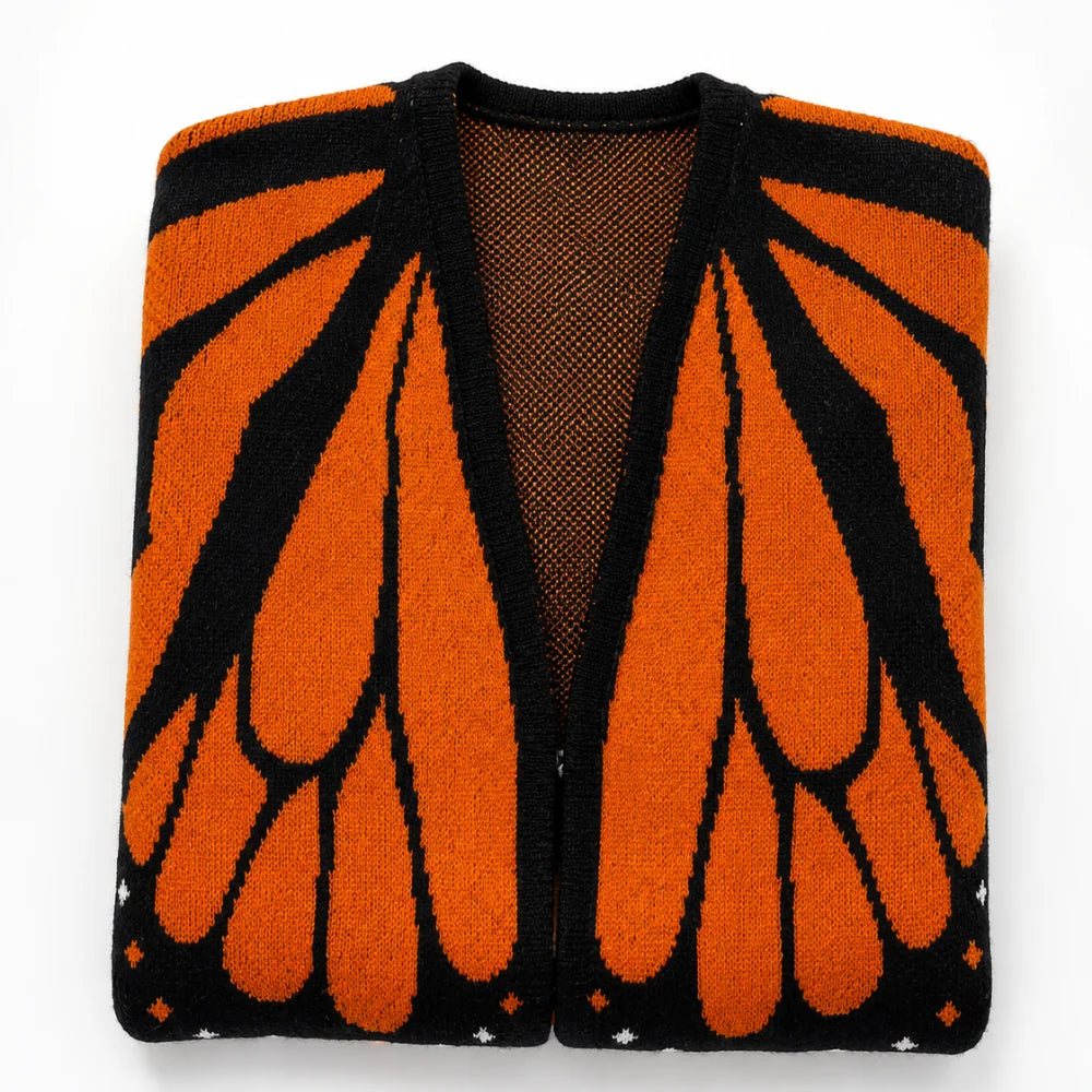 Women’s Orange and Black Butterfly Pattern Open-Front Knit Cardigan