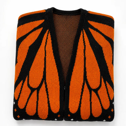 Women’s Orange and Black Butterfly Pattern Open-Front Knit Cardigan