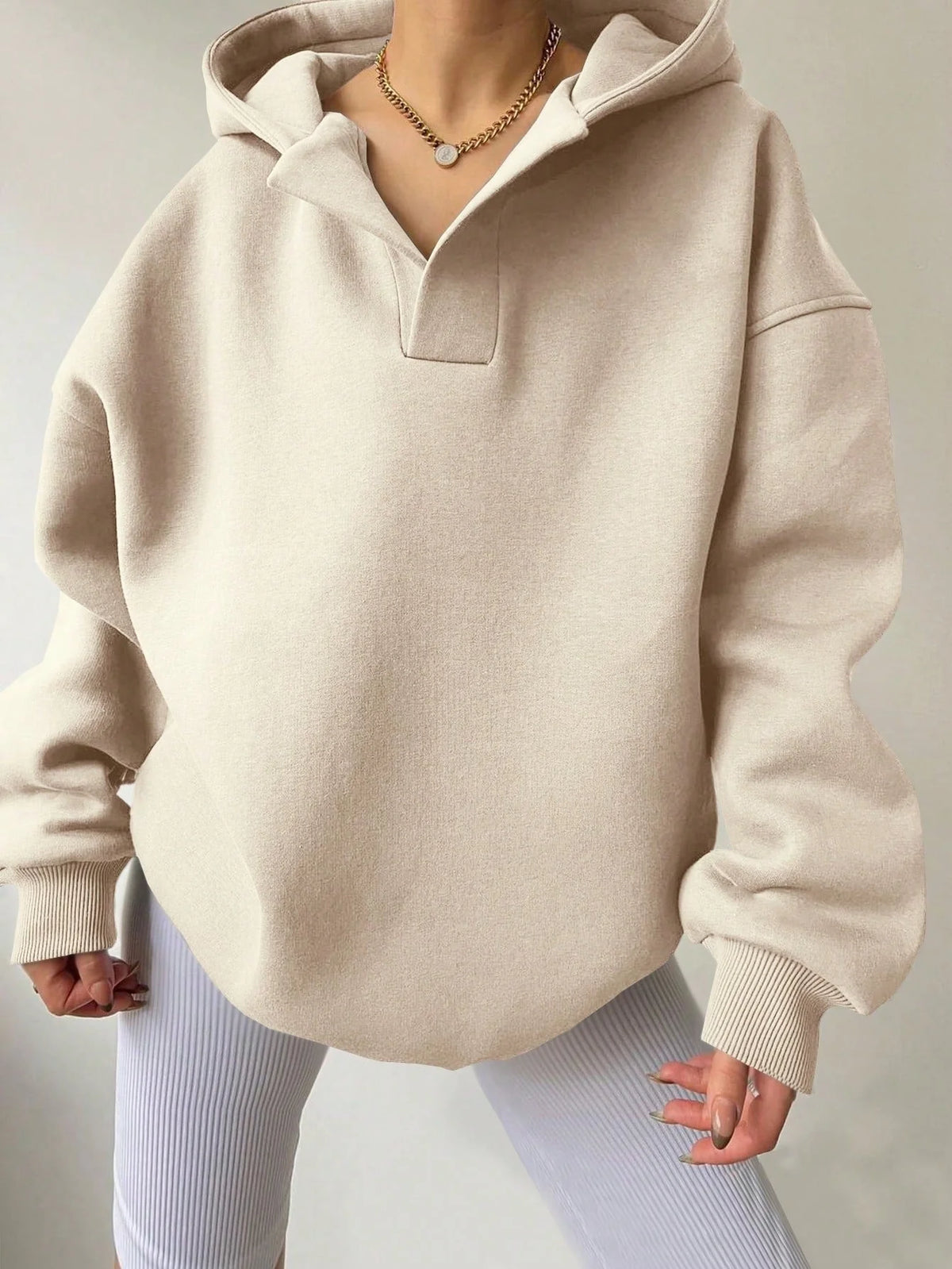 Women’s Oversized Collared V-Neck Pullover Hoodie with Ribbed Trim