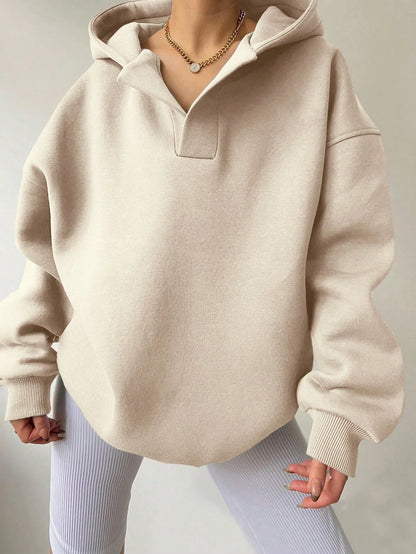Women’s Oversized Collared V-Neck Pullover Hoodie with Ribbed Trim