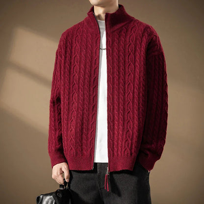 Men’s Textured Knit Two-Way Zip High-Collar Cardigan