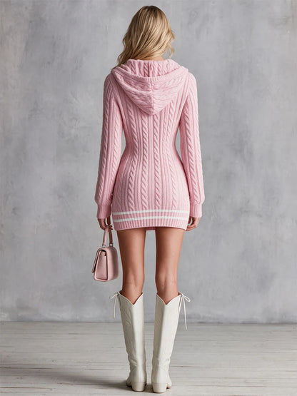 Women's Hooded Cable-Knit Mini Dress with V-Neck and Contrast Stripes
