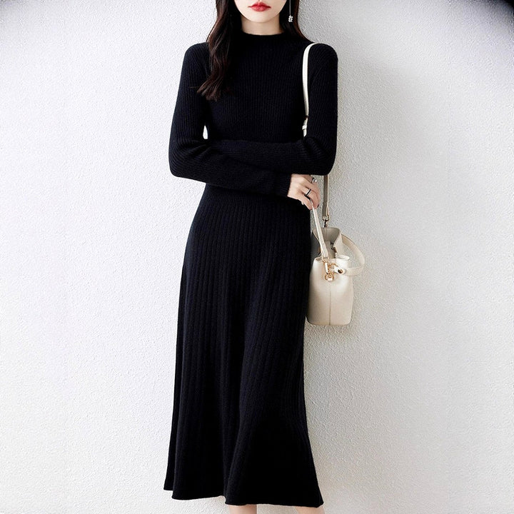 Women's High-Neck Ribbed Knit Dress with Flared Skirt