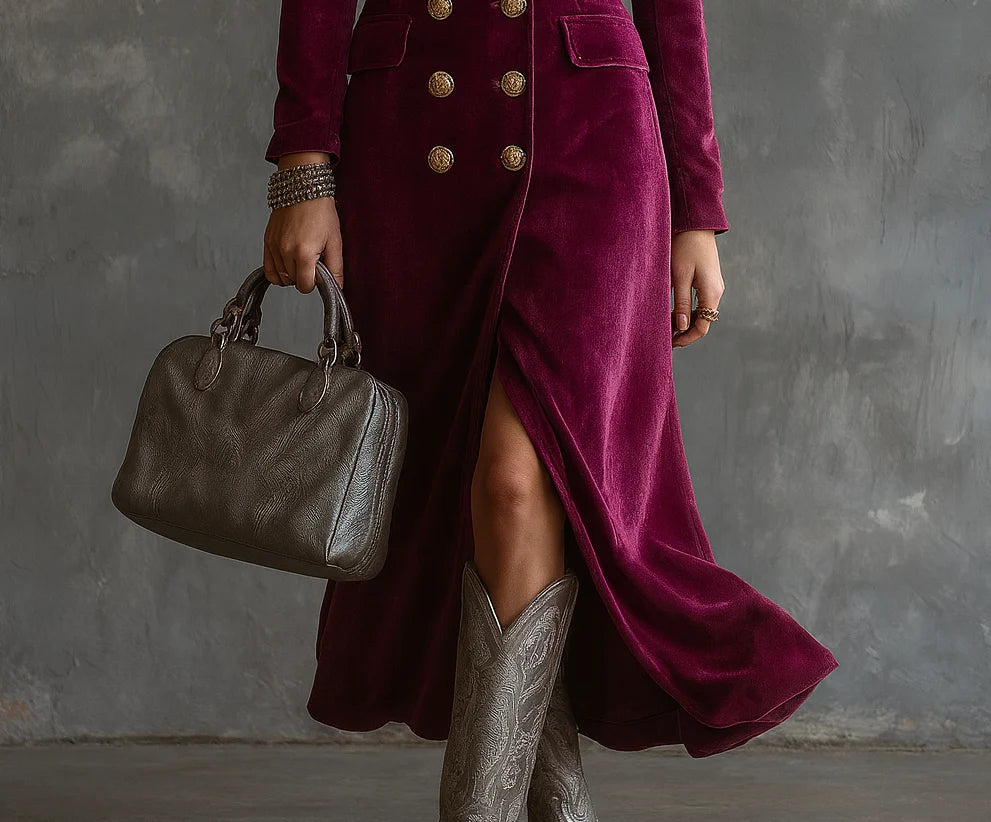Women's Long Velvet Blazer Dress with Double-Button Front