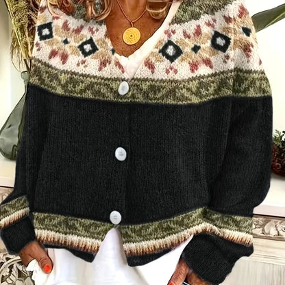 Women’s Fair Isle-Inspired Yoke V-Neck Button-Front Knit Cardigan