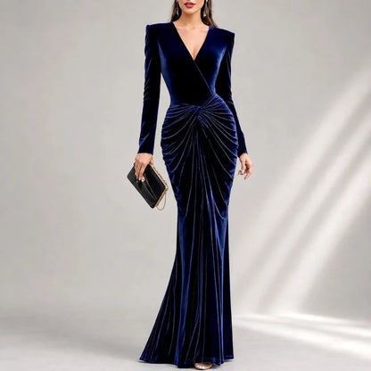 Women's Long Sleeve V-Neck Mermaid Gown with Ruched Waist